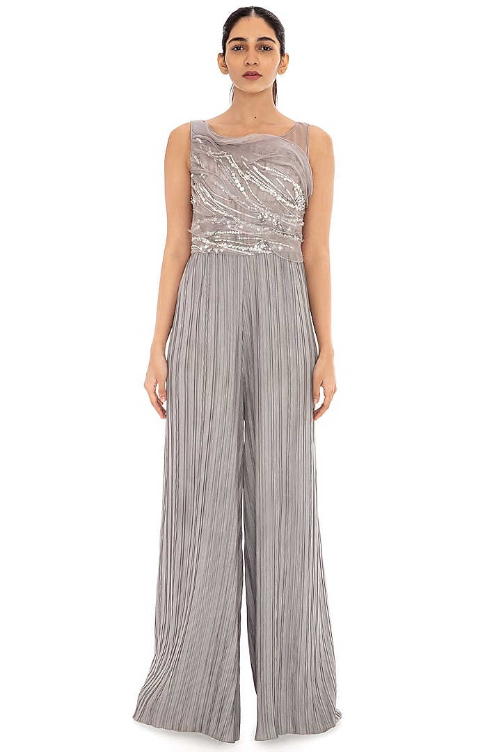 Dove Grey Embroidered Ruffled Jumpsuit by Dilnaz Karbhary