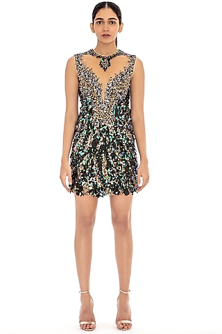 Black Sequins Embroidered Bodycon Dress by Dilnaz Karbhary