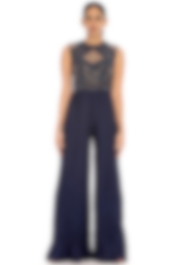 Navy Blue Embroidered Crinkled Jumpsuit by Dilnaz Karbhary