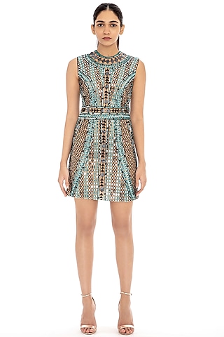 Nude Embroidered Bodycon Dress by Dilnaz Karbhary