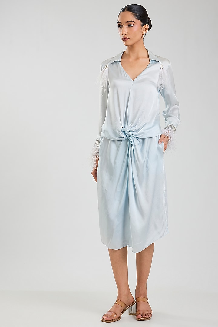 Powder Blue Blended Satin Shirt Vacation Dress by Dilnaz Karbhary at Pernia's Pop Up Shop