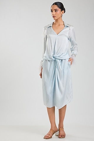 Powder Blue Blended Satin Shirt Dress by Dilnaz Karbhary