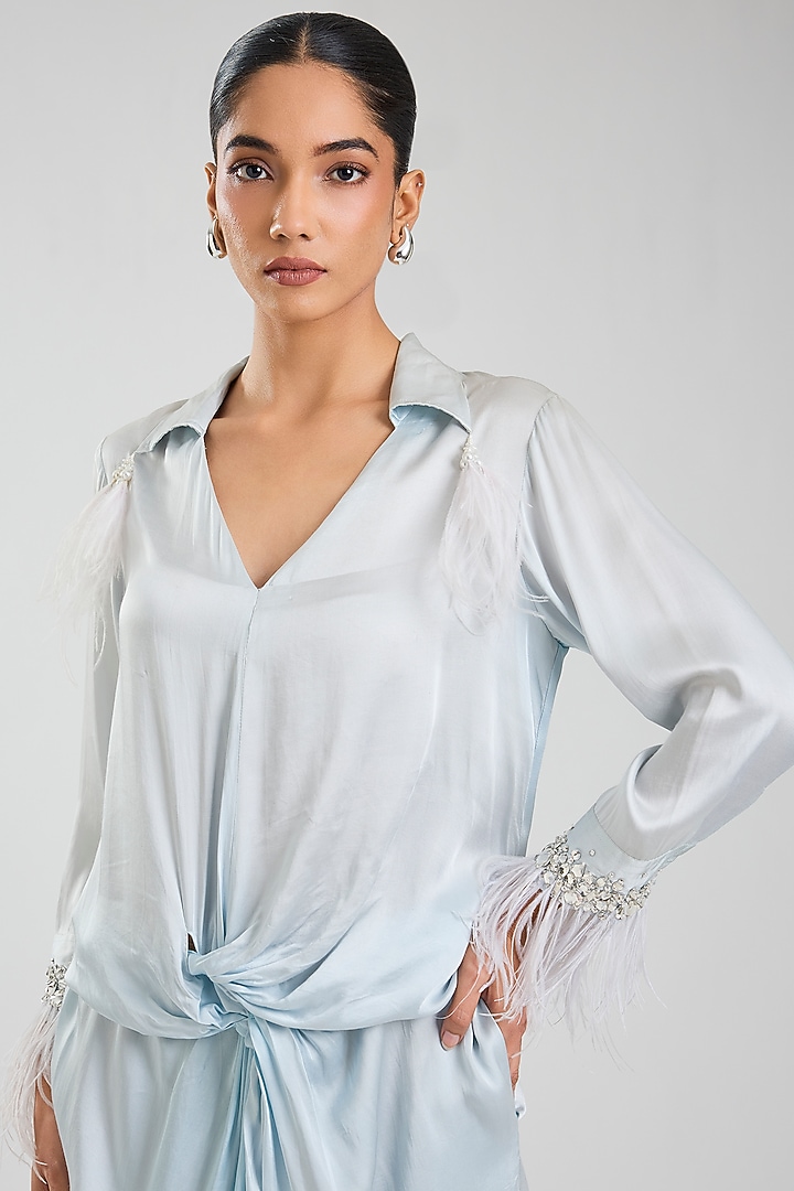 Powder Blue Blended Satin Shirt Vacation Dress by Dilnaz Karbhary at Pernia's Pop Up Shop