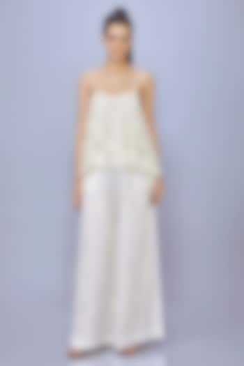 Ivory Net & Polyester Mirror Embroidered Spaghetti Camisole by Dilnaz Karbhary at Pernia's Pop Up Shop