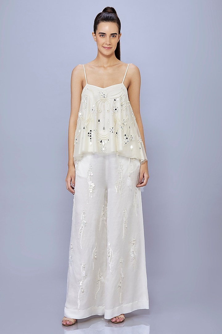 Ivory Net & Polyester Mirror Embroidered Spaghetti Camisole by Dilnaz Karbhary at Pernia's Pop Up Shop