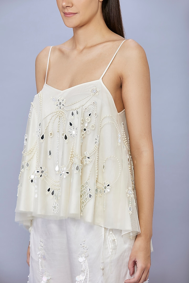 Ivory Net & Polyester Mirror Embroidered Spaghetti Camisole by Dilnaz Karbhary at Pernia's Pop Up Shop