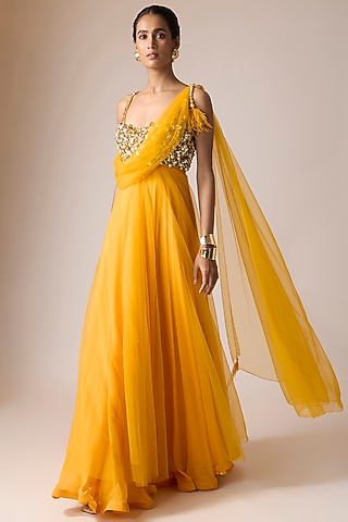 Yellow Net & Poly Satin One Shoulder Draped Gown by Dilnaz Karbhary