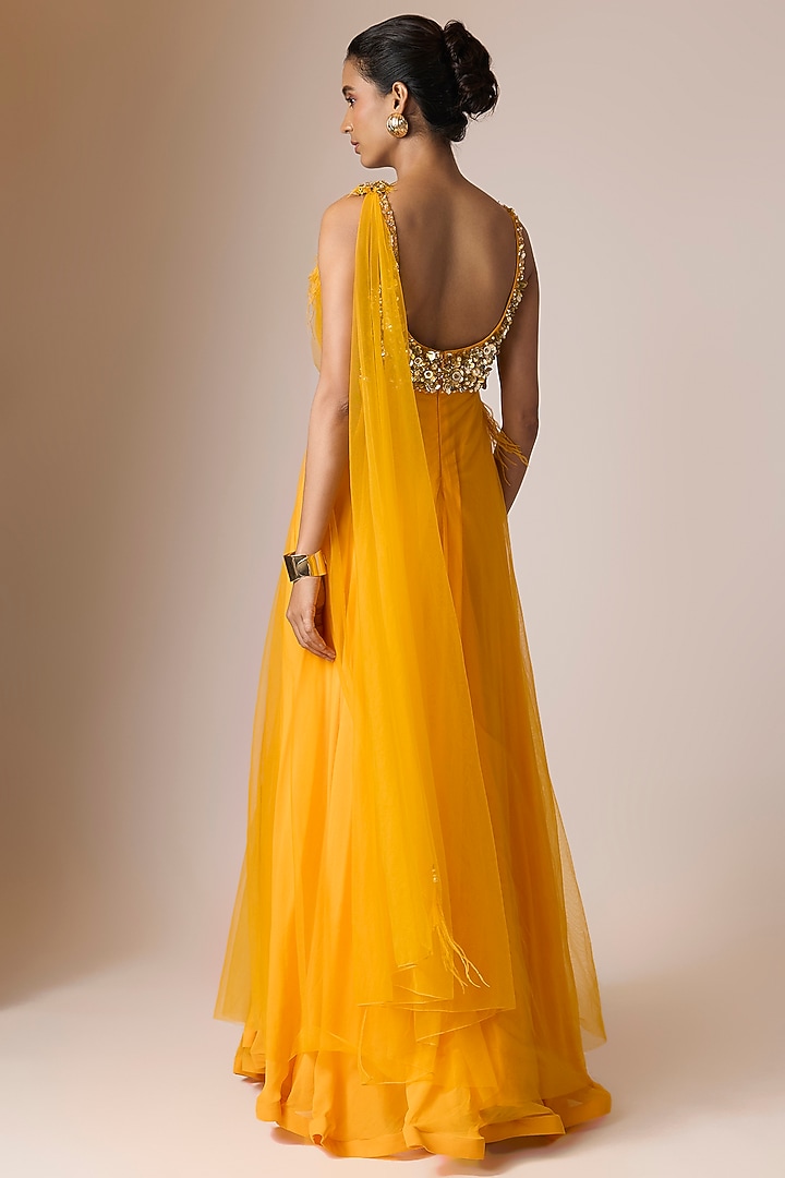 Yellow Net & Poly Satin One Shoulder Draped Engagement Gown by Dilnaz Karbhary at Pernia's Pop Up Shop