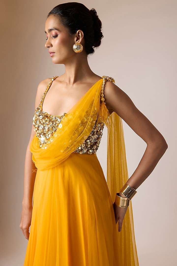 Yellow Net & Poly Satin One Shoulder Draped Engagement Gown by Dilnaz Karbhary at Pernia's Pop Up Shop