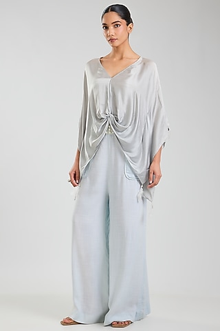 Powder Blue Blended Linen Trousers by Dilnaz Karbhary