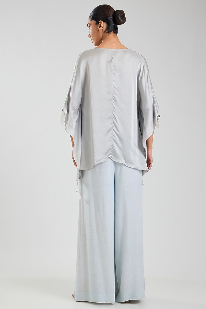 Powder Blue Blended Linen Trousers by Dilnaz Karbhary at Pernia's Pop Up Shop