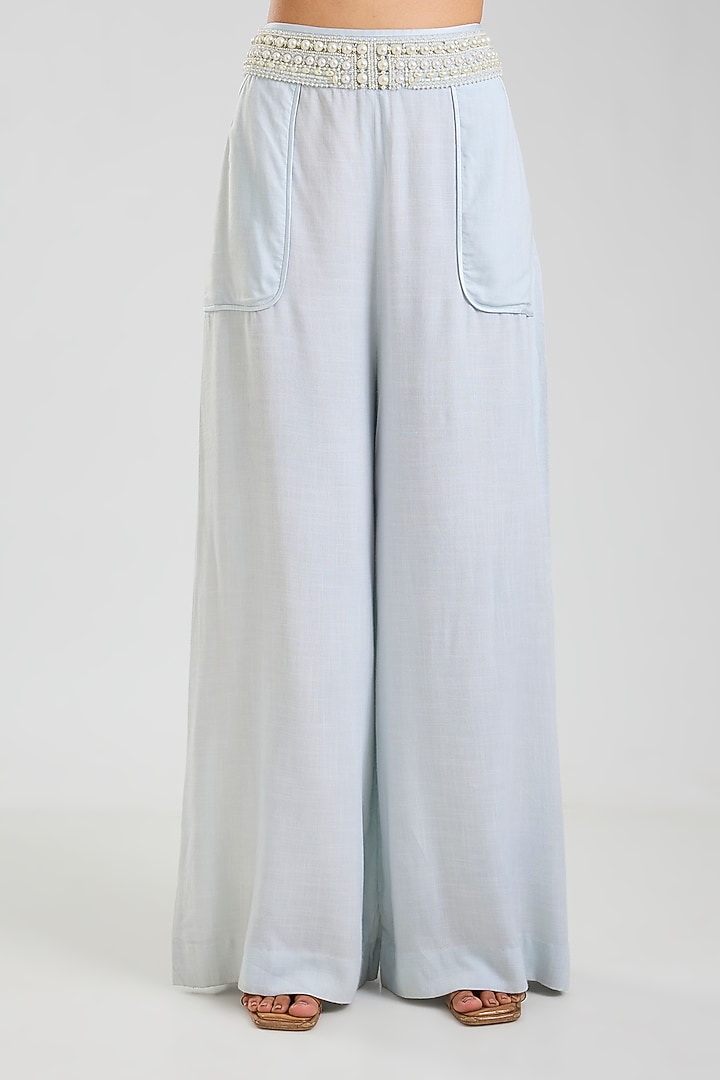 Powder Blue Blended Linen Trousers by Dilnaz Karbhary at Pernia's Pop Up Shop