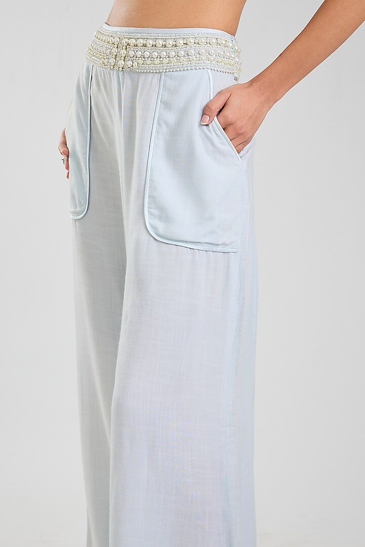 Powder Blue Blended Linen Trousers by Dilnaz Karbhary at Pernia's Pop Up Shop
