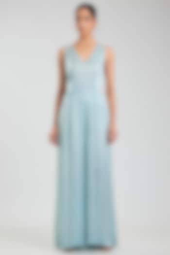 Powder Blue Blended Satin Jumpsuit by Dilnaz Karbhary at Pernia's Pop Up Shop
