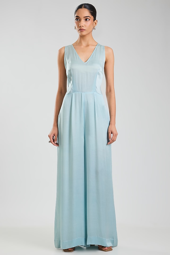 Powder Blue Blended Satin Jumpsuit by Dilnaz Karbhary at Pernia's Pop Up Shop