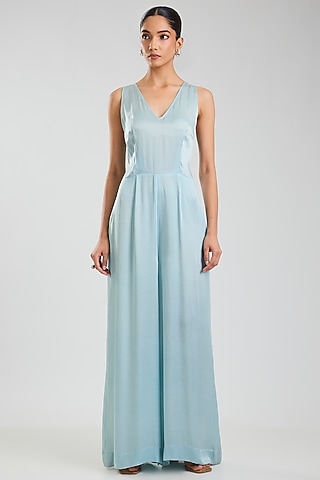 Powder Blue Blended Satin Jumpsuit by Dilnaz Karbhary
