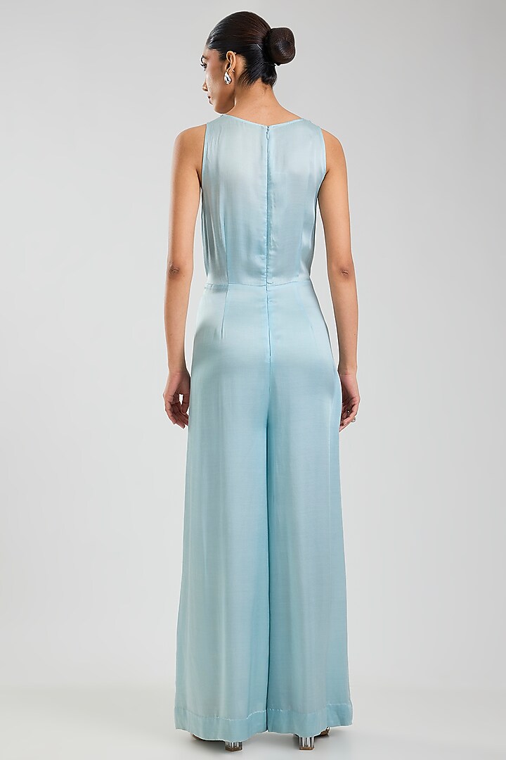 Powder Blue Blended Satin Jumpsuit by Dilnaz Karbhary at Pernia's Pop Up Shop