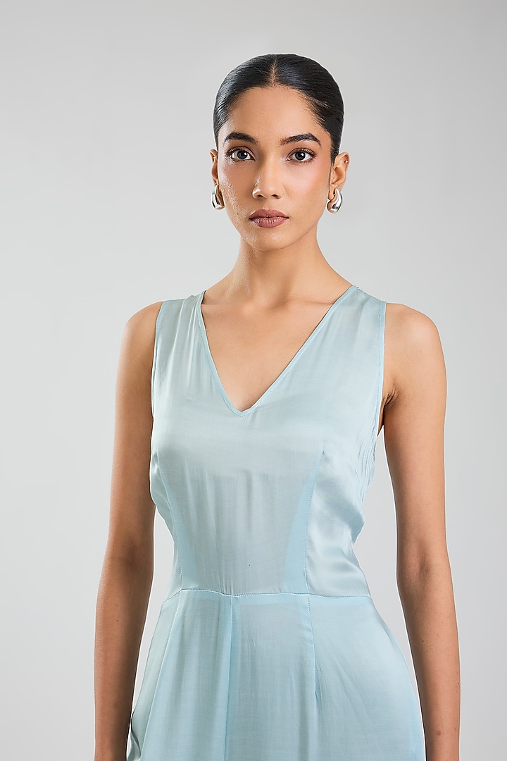 Powder Blue Blended Satin Jumpsuit by Dilnaz Karbhary at Pernia's Pop Up Shop
