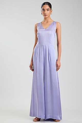 Powder Blue Blended Satin Jumpsuit by Dilnaz Karbhary