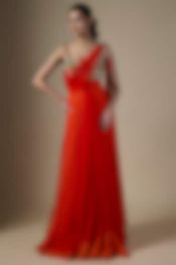 Red Net Sequin Embroidered One-Shoulder Engagement Gown by Dilnaz Karbhary at Pernia's Pop Up Shop