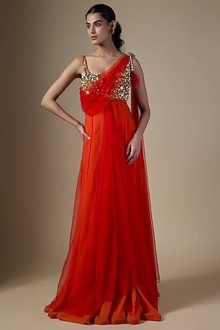 Red Net Sequin Embroidered One-Shoulder Gown by Dilnaz Karbhary