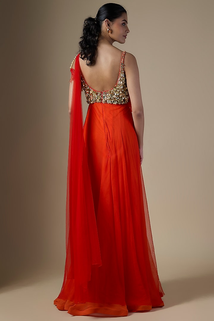 Red Net Sequin Embroidered One-Shoulder Engagement Gown by Dilnaz Karbhary at Pernia's Pop Up Shop