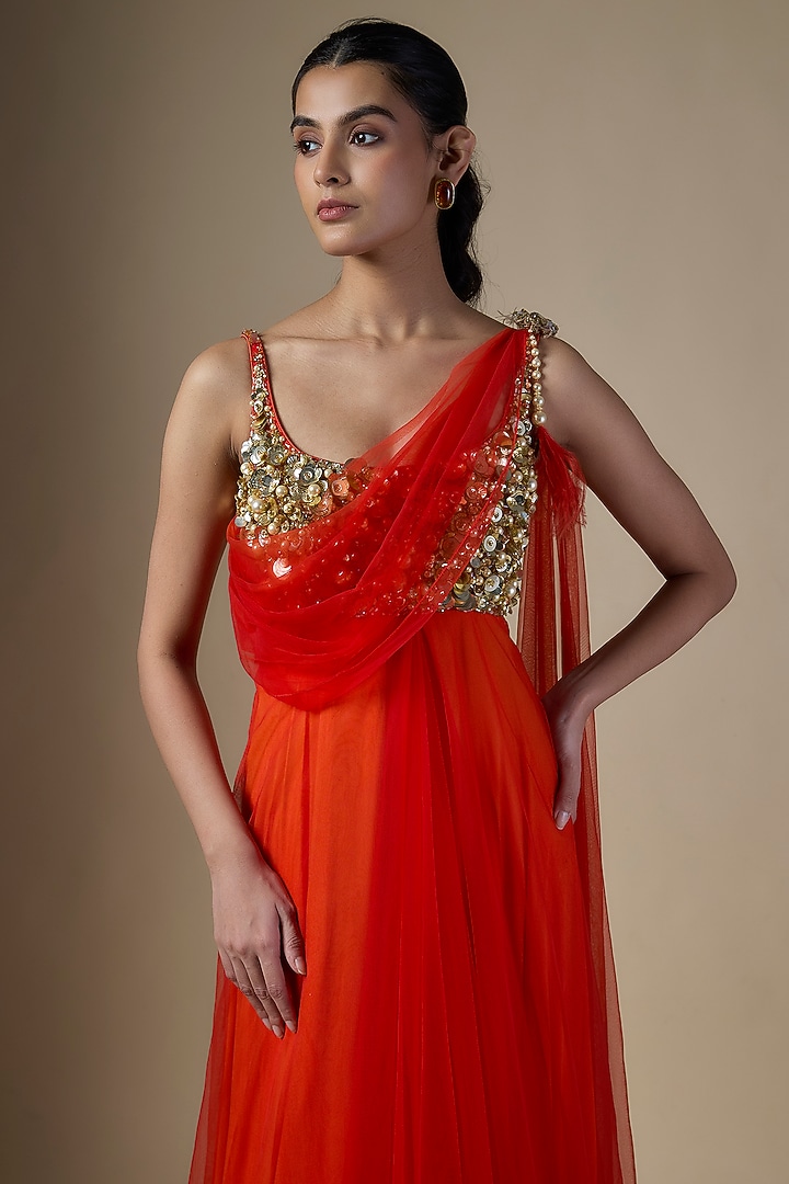 Red Net Sequin Embroidered One-Shoulder Engagement Gown by Dilnaz Karbhary at Pernia's Pop Up Shop