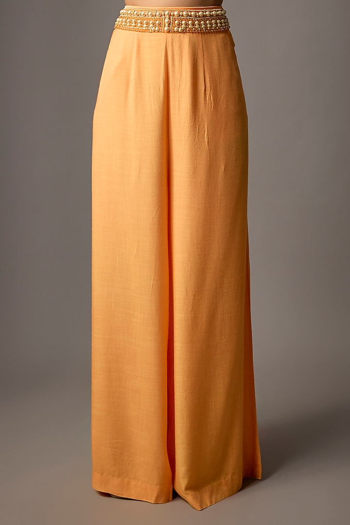 Orange Blended Linen Sequin Trousers by Dilnaz Karbhary at Pernia's Pop Up Shop
