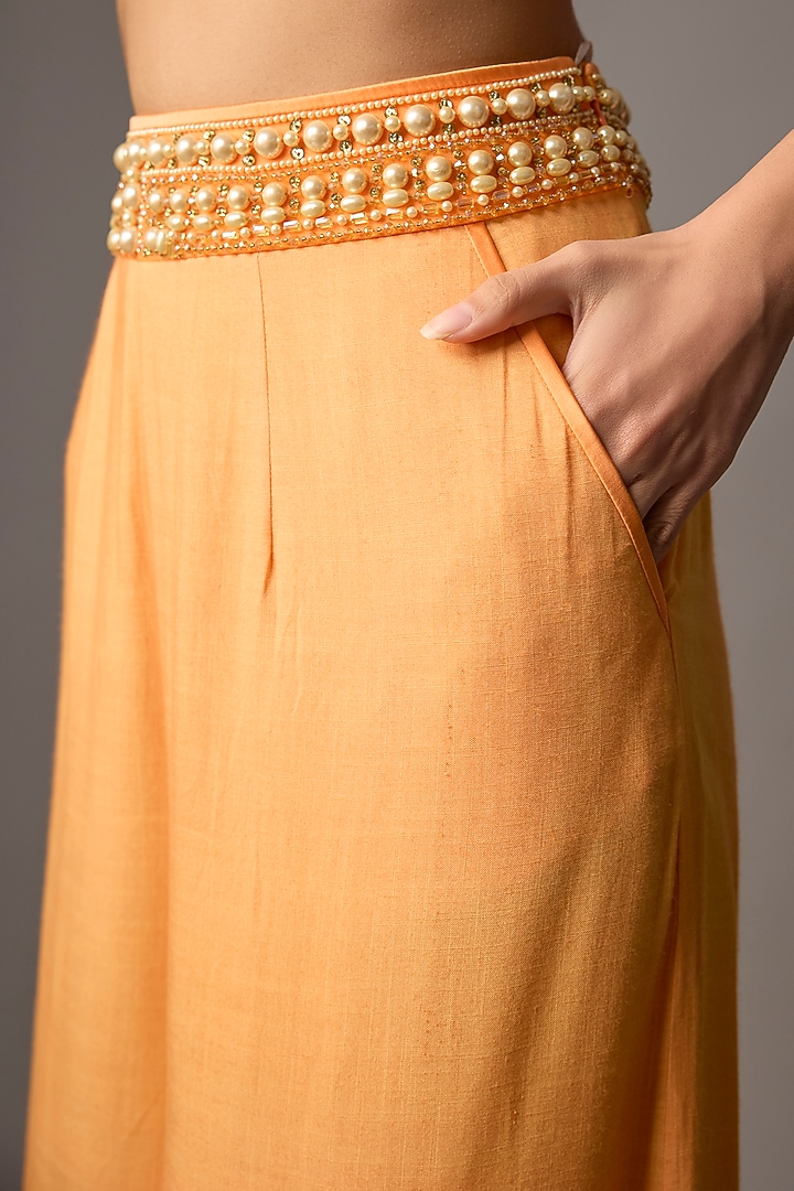 Orange Blended Linen Sequin Trousers by Dilnaz Karbhary at Pernia's Pop Up Shop