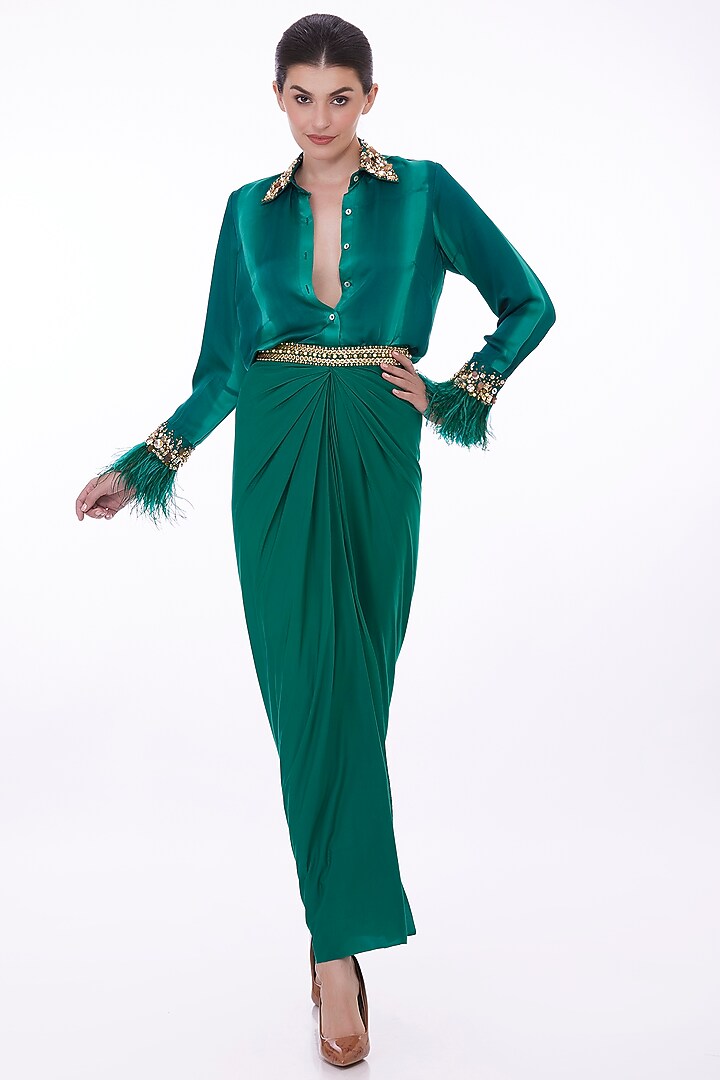 Emerald Green Lycra Hand Embroidered Draped Skirt by Dilnaz Karbhary at Pernia's Pop Up Shop