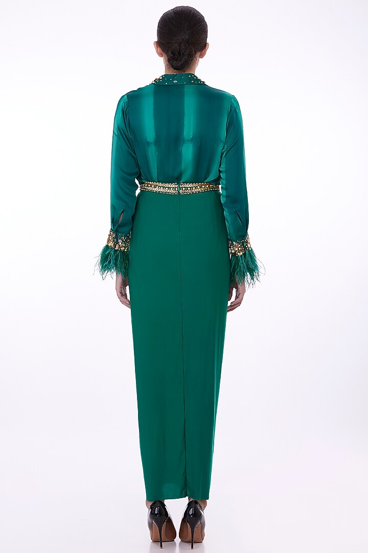 Emerald Green Lycra Hand Embroidered Draped Skirt by Dilnaz Karbhary at Pernia's Pop Up Shop