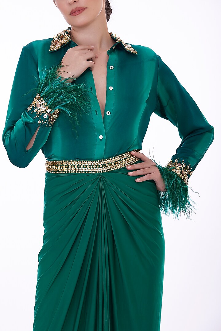 Emerald Green Lycra Hand Embroidered Draped Skirt by Dilnaz Karbhary at Pernia's Pop Up Shop
