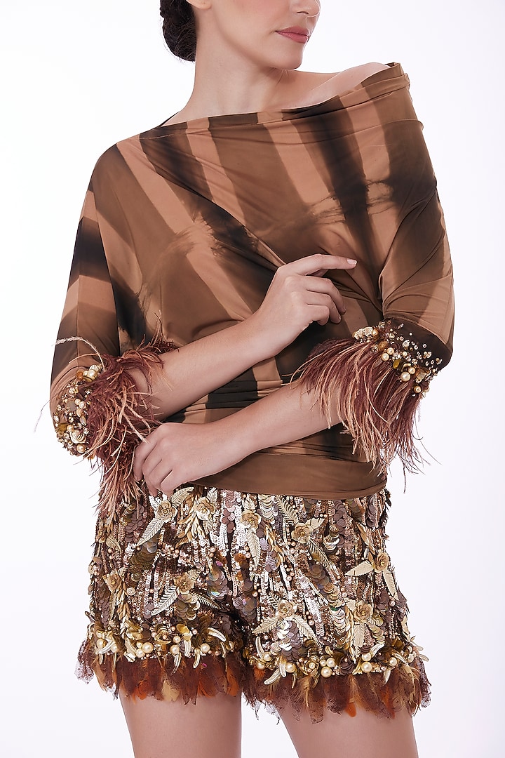Chocolate Brown Lycra Tie & Dye Draped Top by Dilnaz Karbhary at Pernia's Pop Up Shop