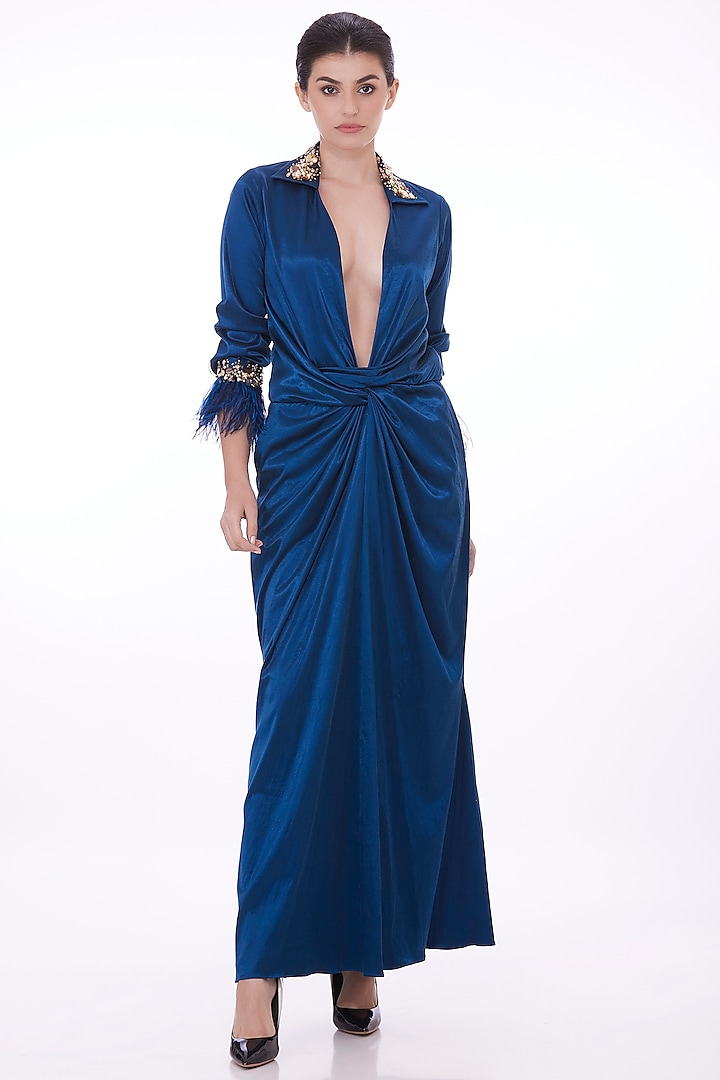 Blue Stretch Satin Hand Embroidered Draped Shirt Gown by Dilnaz Karbhary