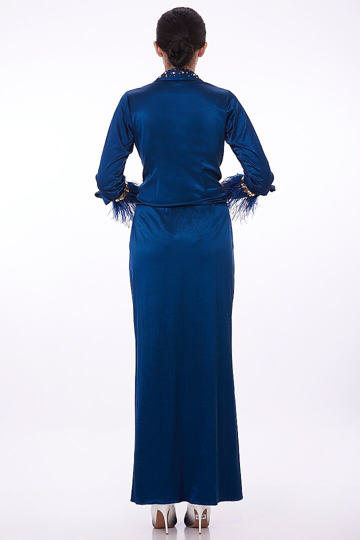 Blue Stretch Satin Hand Embroidered Draped Shirt Engagement Gown by Dilnaz Karbhary at Pernia's Pop Up Shop