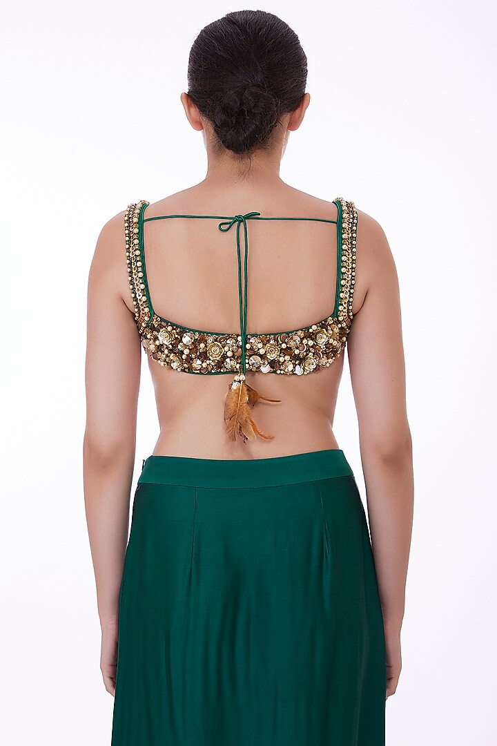 Emerald Green Net & Polyester Satin Sequins Hand Embroidered Blouse by Dilnaz Karbhary at Pernia's Pop Up Shop