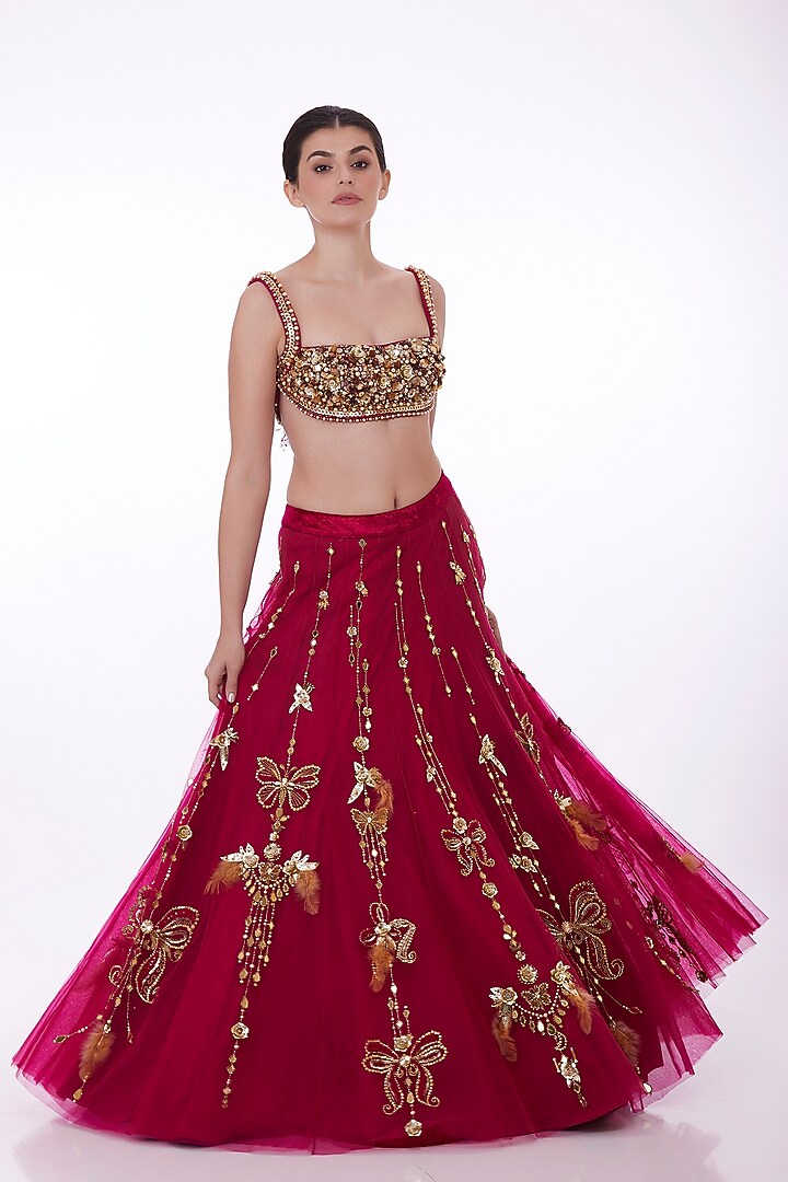 Ruby Pink Net & Polyester Satin Hand Embroidered Kalidar Wedding Lehenga by Dilnaz Karbhary at Pernia's Pop Up Shop