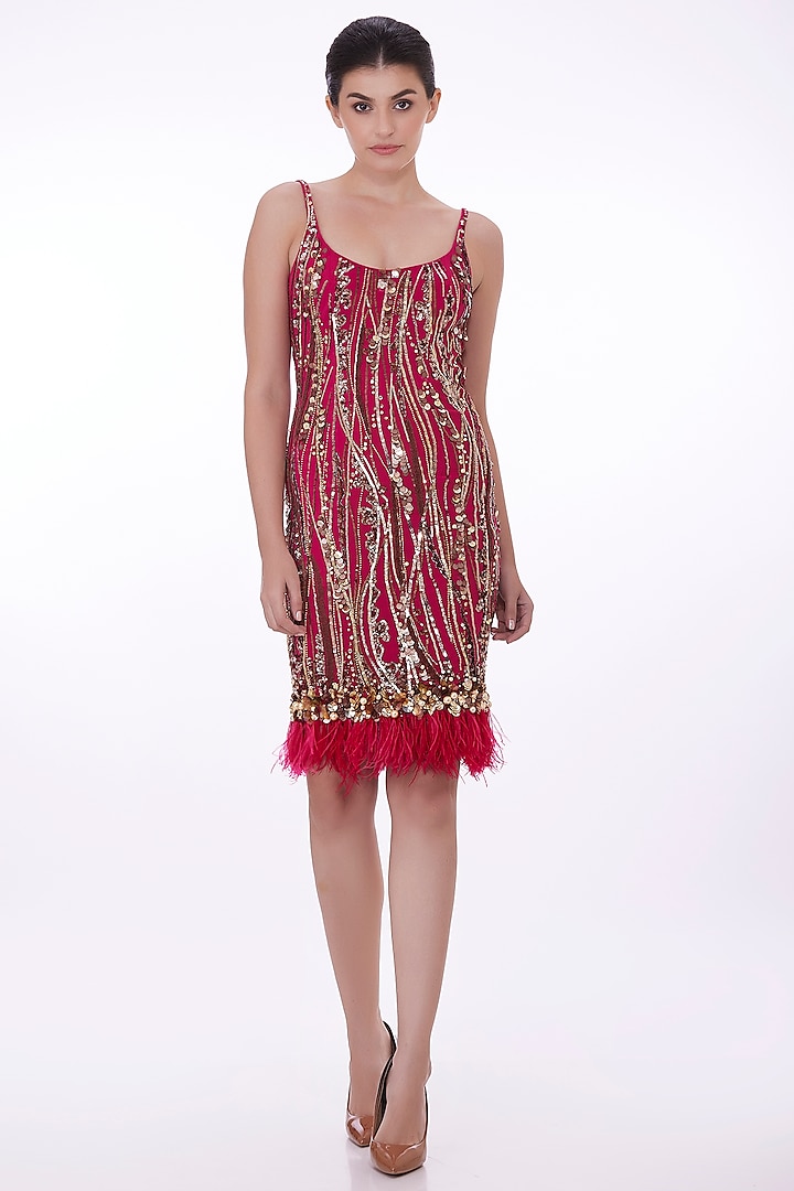 Ruby Pink Stretch Net Hand Embroidered Knee-Length Flapper Dress by Dilnaz Karbhary