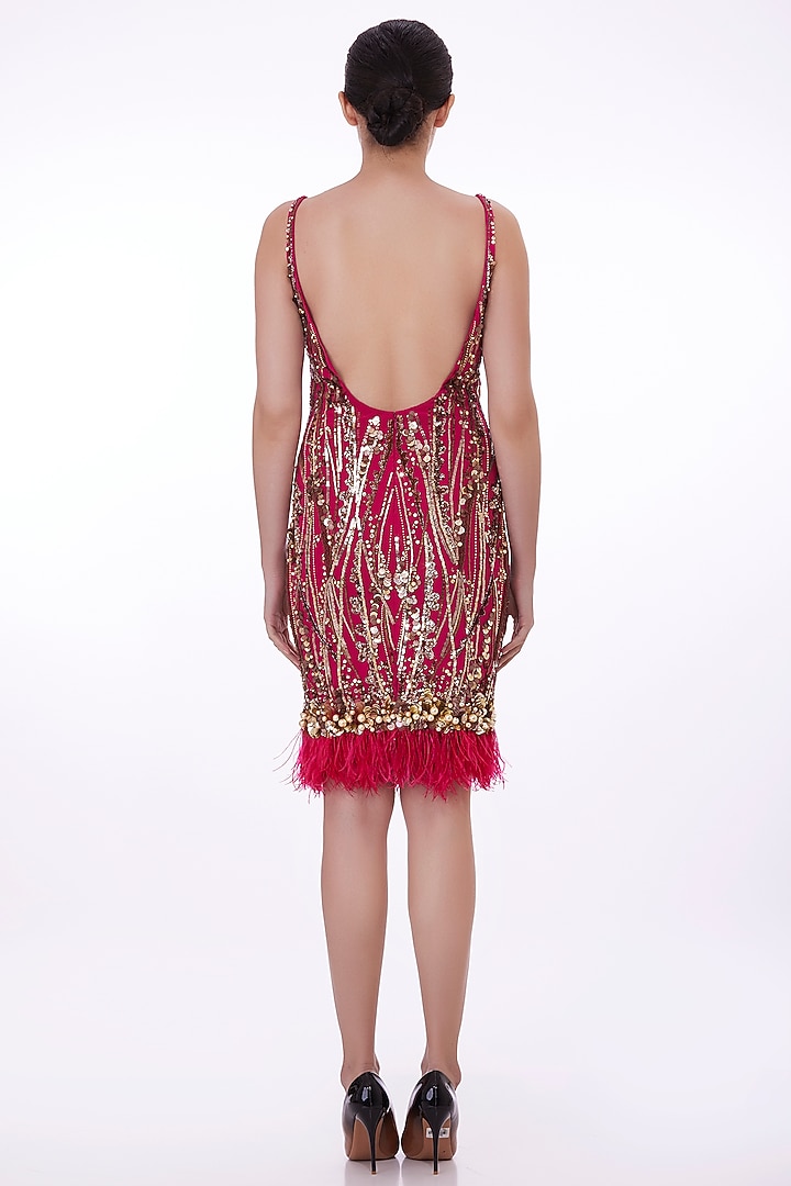 Ruby Pink Stretch Net Hand Embroidered Knee-Length Flapper Party Wear Dress by Dilnaz Karbhary at Pernia's Pop Up Shop