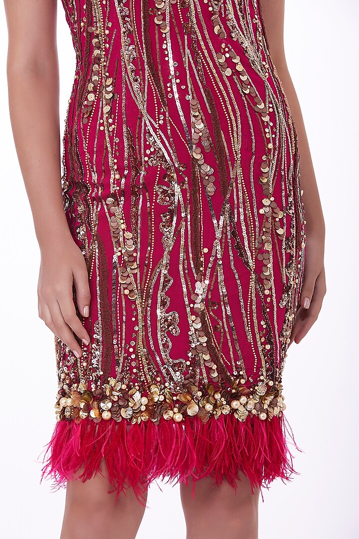 Ruby Pink Stretch Net Hand Embroidered Knee-Length Flapper Party Wear Dress by Dilnaz Karbhary at Pernia's Pop Up Shop