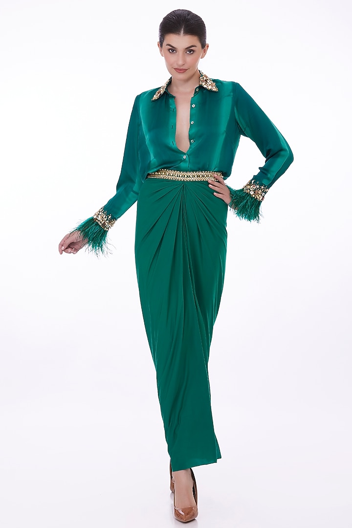 Emerald Green Blended Satin Embellished Tie & Dye Shirt by Dilnaz Karbhary at Pernia's Pop Up Shop