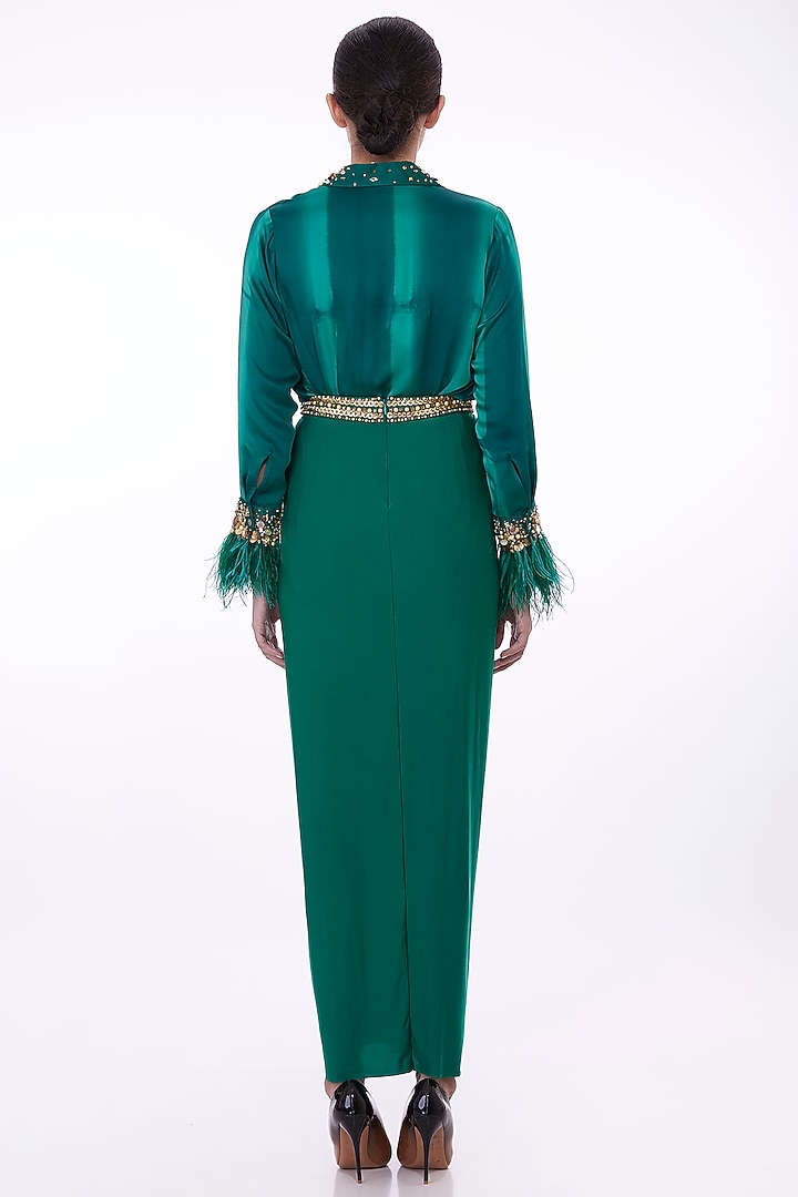 Emerald Green Blended Satin Embellished Tie & Dye Shirt by Dilnaz Karbhary at Pernia's Pop Up Shop