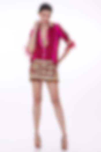 Ruby Pink Blended Satin Embellished Tie & Dye Shirt by Dilnaz Karbhary at Pernia's Pop Up Shop