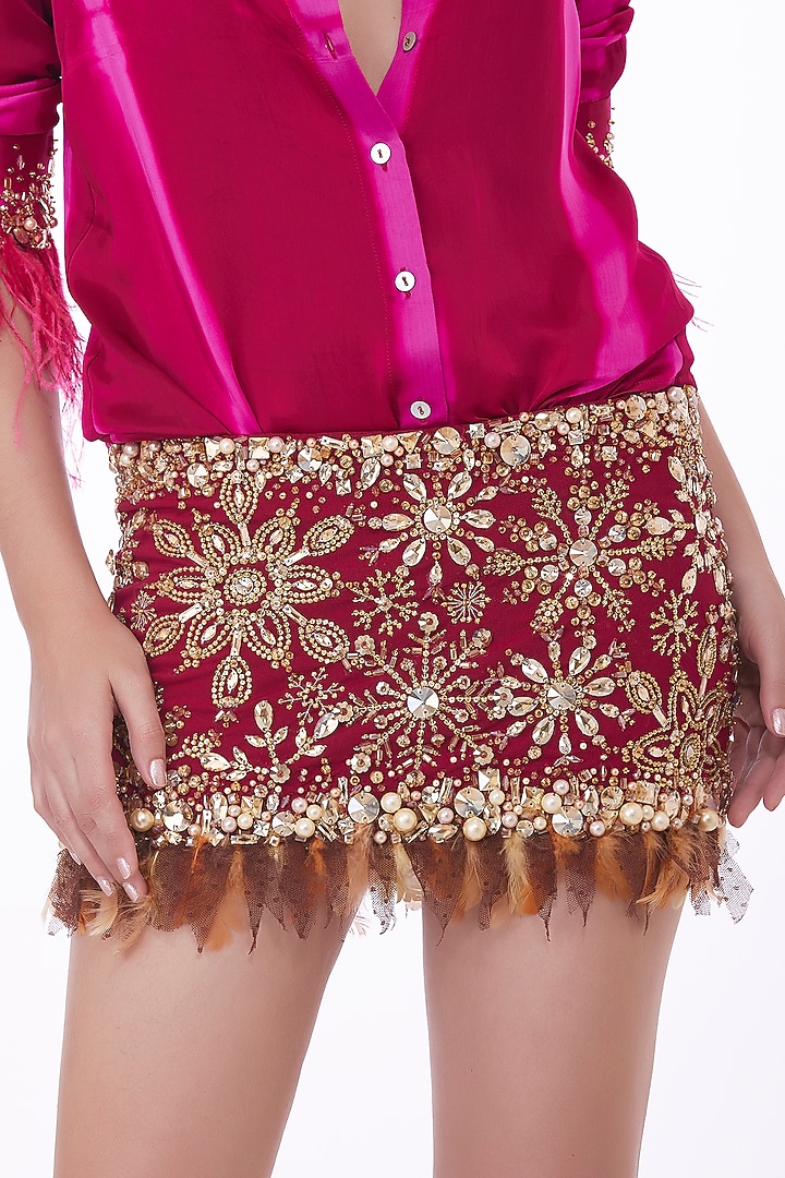 Ruby Pink Blended Satin Embellished Tie & Dye Shirt by Dilnaz Karbhary at Pernia's Pop Up Shop