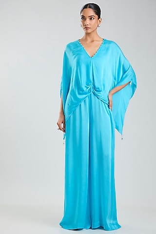 Blue Blended Satin Jumpsuit With Kaftan by Dilnaz Karbhary