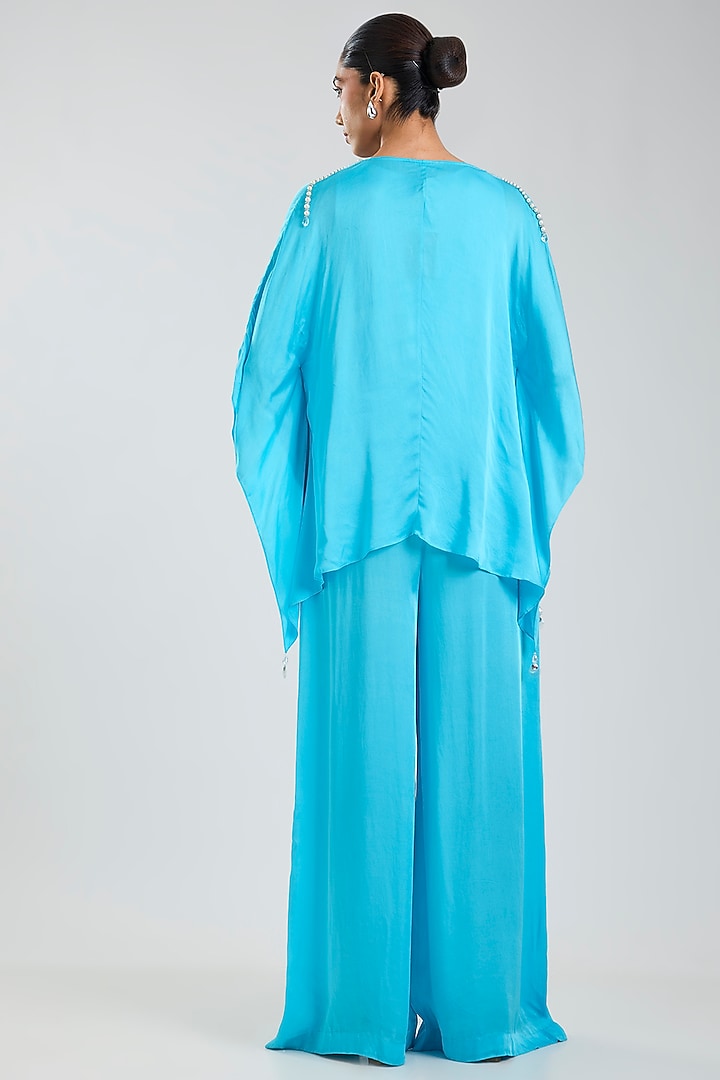 Blue Blended Satin Jumpsuit With Kaftan by Dilnaz Karbhary at Pernia's Pop Up Shop