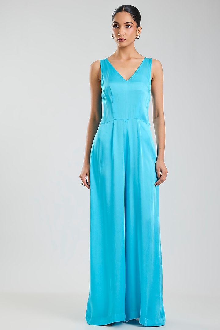 Blue Blended Satin Jumpsuit With Kaftan by Dilnaz Karbhary at Pernia's Pop Up Shop