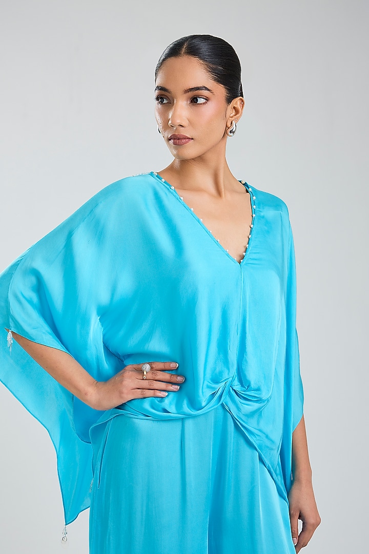 Blue Blended Satin Jumpsuit With Kaftan by Dilnaz Karbhary at Pernia's Pop Up Shop