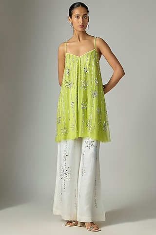 Green Georgette & Poly Satin Camisole Dress by Dilnaz Karbhary