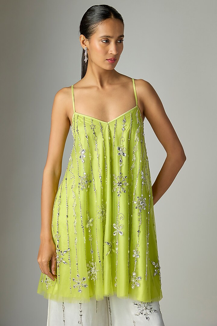 Green Georgette & Poly Satin Camisole Cocktail Dress by Dilnaz Karbhary at Pernia's Pop Up Shop